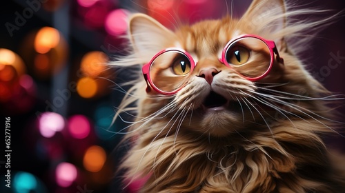 Red cat with glasses on a colorful background