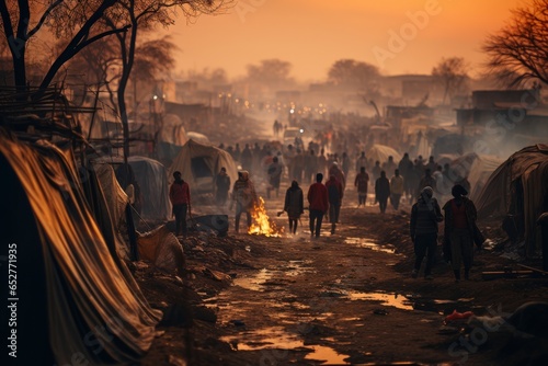  Crowded refugee camp during a humanitarian crisis, Generative AI  photo