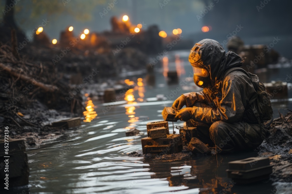  Environmental activist at work in a polluted river, Generative AI - obrazy, fototapety, plakaty 