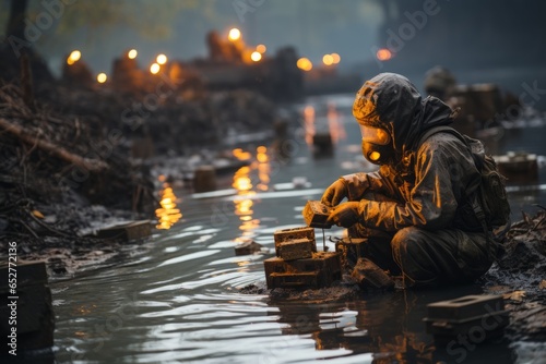  Environmental activist at work in a polluted river, Generative AI photo