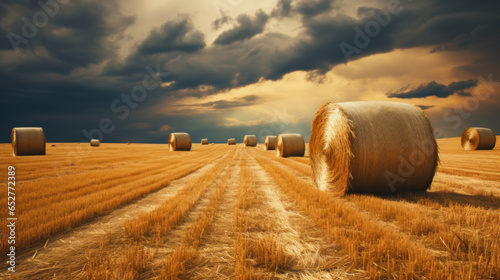 champs de blé après la moisson, perspective des rangées de culture avec meules de foins sous un ciel d'orage