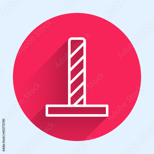 White line Cat scratching post with toy icon isolated with long shadow background. Red circle button. Vector