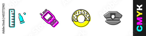 Set Bullet casing with ruler, Walkie talkie, Donut and Police cap cockade icon. Vector
