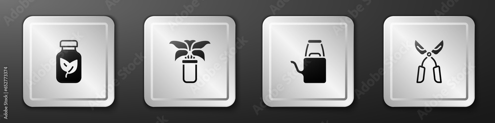 Set Fertilizer bottle, Exotic tropical plant in pot, Watering can and Gardening handmade scissors icon. Silver square button. Vector Set Fertilizer bottle, Exotic tropical plant in pot, Watering can and Gardening handmade scissors icon. Silver square button. Vector