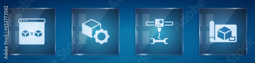 Set 3D printer perfect copy, Isometric cube, wrench spanner and Graphing paper for engineering. Square glass panels. Vector