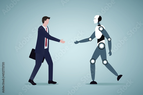 Artificial Intelligence .Teamwork concept. Businessman and a robot shaking hands.