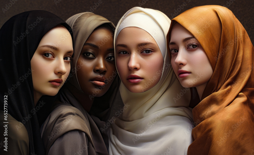 four muslim women in hijabs with different color skin and perfect skin tones are posing for a picture four muslim women in hijabs with different color skin and perfect skin tones are posing for a picture