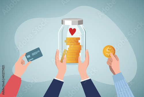 People hands holding donation jar with coins and donating money for charity. Volunteers collecting charitable donations. Charity financial support concept. Flat cartoon vector illustration.