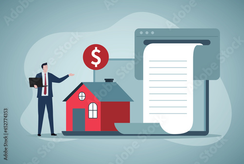 Financial management illustration. Characters paying credit, mortgage, taxes and household invoice bills. Personal finances, loans and debt concept. Vector illustration.
