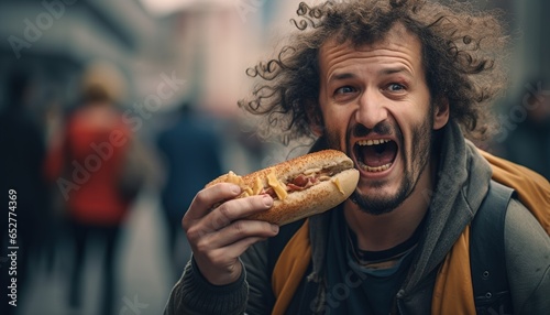A very hungry homeless person is eating a hotdog on the street.