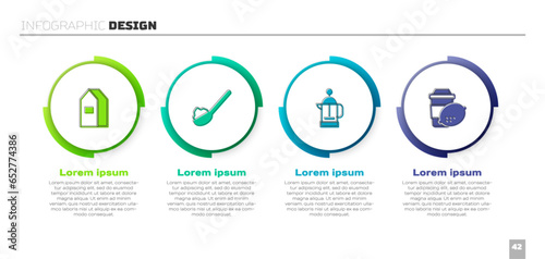 Set Paper package for milk, Spoon with sugar, French press and Cup of tea lemon. Business infographic template. Vector