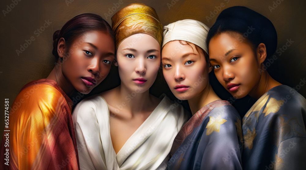 four different race woman wearing silk dress with different color skin and perfect skin tones are posing for a picture four different race woman wearing silk dress with different color skin and perfect skin tones are posing for a picture
