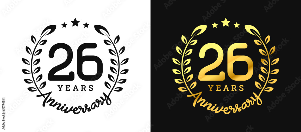 Anniversary 26 gold numbers. Minimalist design template, modern, elegant celebrating anniversary event. label, vector, sign, illustration, banner, symbol, icon, design, sticker, tag, badge, element
