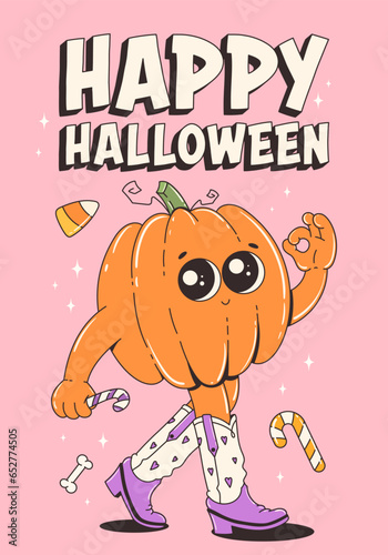 Halloween poster. Trendy retro groovy style and funky pumpkin character in 70s-80s.  Happy Halloween. Funny vector flyer, cards.