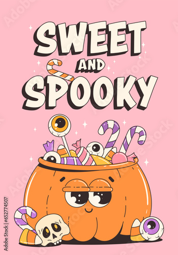 Halloween poster. Trendy retro groovy style and funky pumpkin character witn сandies in 70s-80s.  Sweet and spooky. Funny vector flyer, cards.
