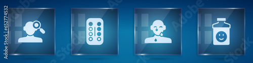 Set Finding a problem in psychology, Sedative pills, Tear cry eye and Antidepressants. Square glass panels. Vector