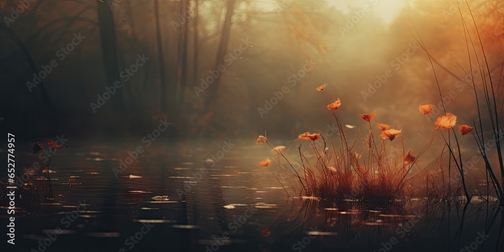 Enchanted forest at sunrise. Mystical journey through nature beauty. Vintage fairytale woods. Dreamy landscape with mysterious fog. Sunlight filters through mist and trees