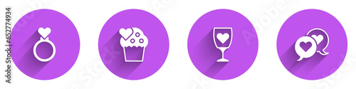 Set Wedding rings, cake, Glass of champagne and Heart speech bubble icon with long shadow. Vector