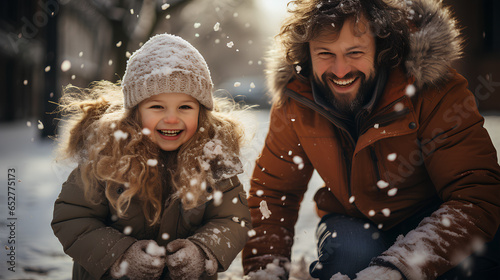 Little girl with her father in warm clothes having fun on a snowy winter day