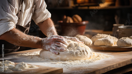 Chef kneading dough in the kitchen, close-up
