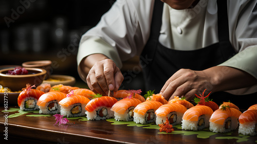 Japanese chef preparing a sushi roll in a restaurant, close-up