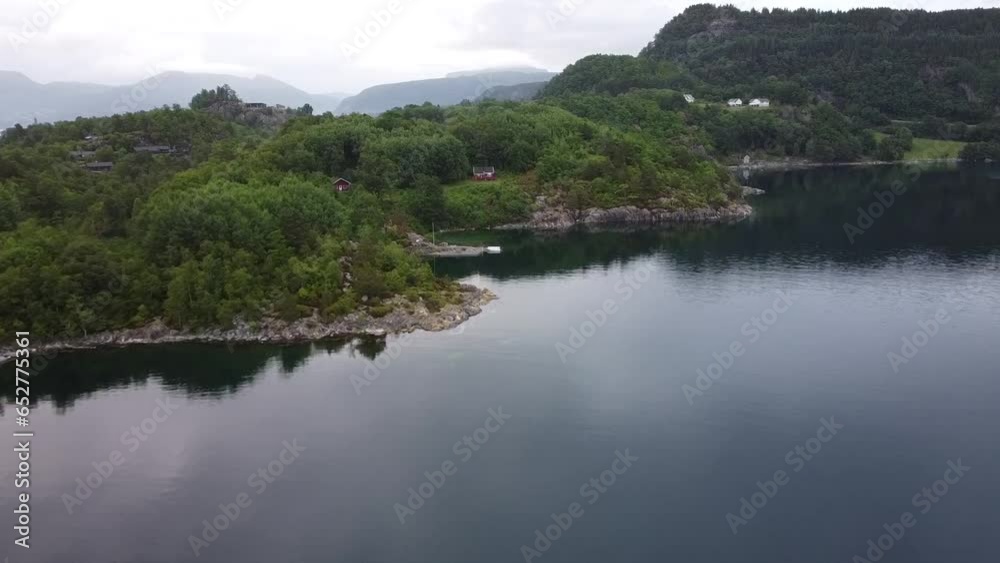 Drone view over a lake between forested lands Drone view over a lake between forested lands