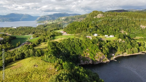 aerial view of a tranquil lake surrounded by lush green mountains in  Norway