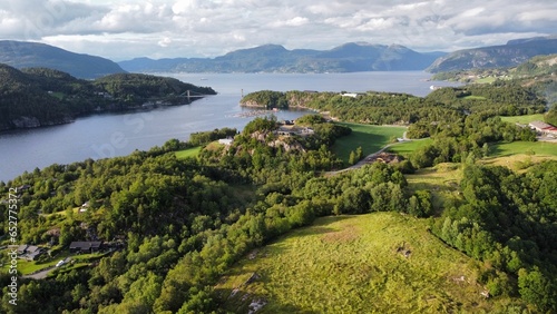 aerial view of a tranquil lake surrounded by lush green mountains in West Norway