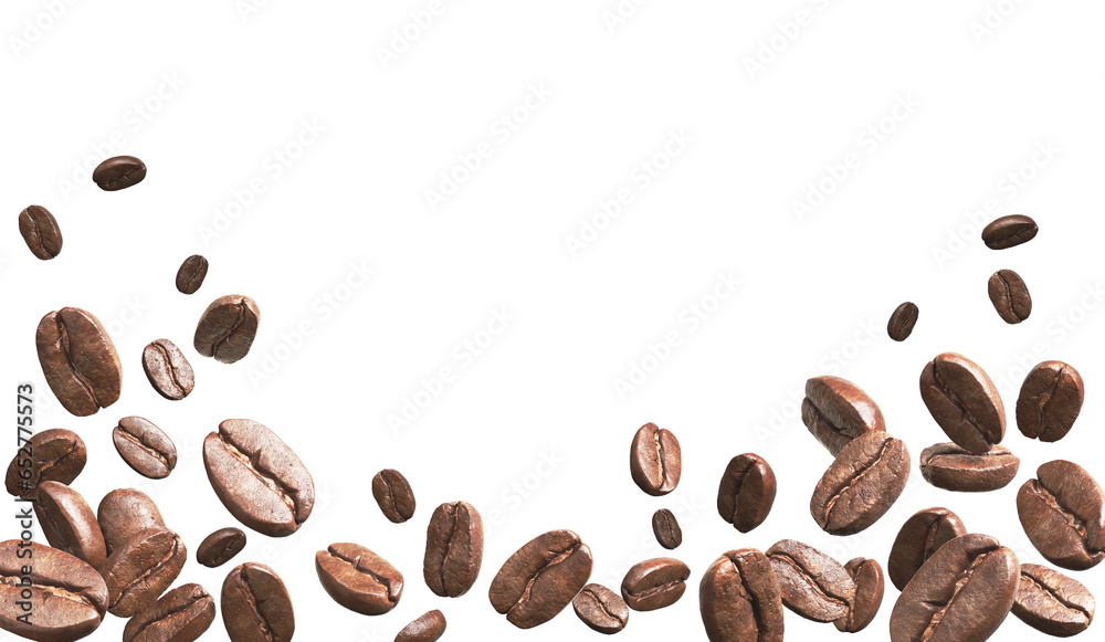 Obraz premium Coffee beans flying on a white background, 3d rendering.