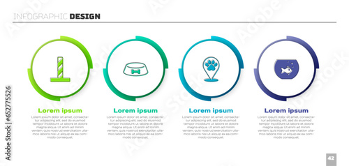 Set Cat scratching post with toy, Pet food bowl for cat or dog, Location veterinary hospital and Aquarium fish. Business infographic template. Vector