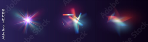 Crystal light glasses effect sparkle prism glare reflection effect. Optical rainbow lights, glare, leak, streak overlay. falling confetti. Vector colorful vector lenses and light flares.