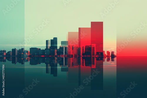 Teal and Red City Minimalism in a negative artistic space. Visual abstract metaphor. Geometric shapes with gradients.