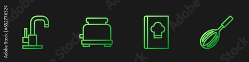 Set line Cookbook, Water tap, Toaster and Kitchen whisk. Gradient color icons. Vector