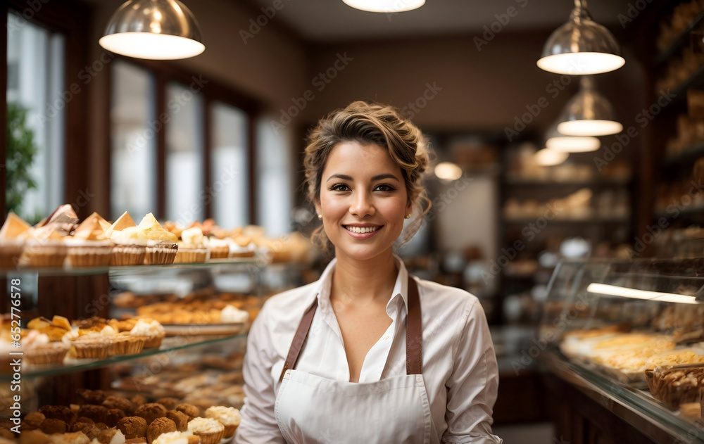 Happy successful business woman, entrepreneur staying in her pastry shop, bakery or coffee shop, small business owner, copyspace. 