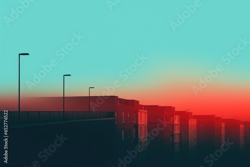 Teal and Red City Minimalism in a negative artistic space. Visual abstract metaphor. Geometric shapes with gradients.