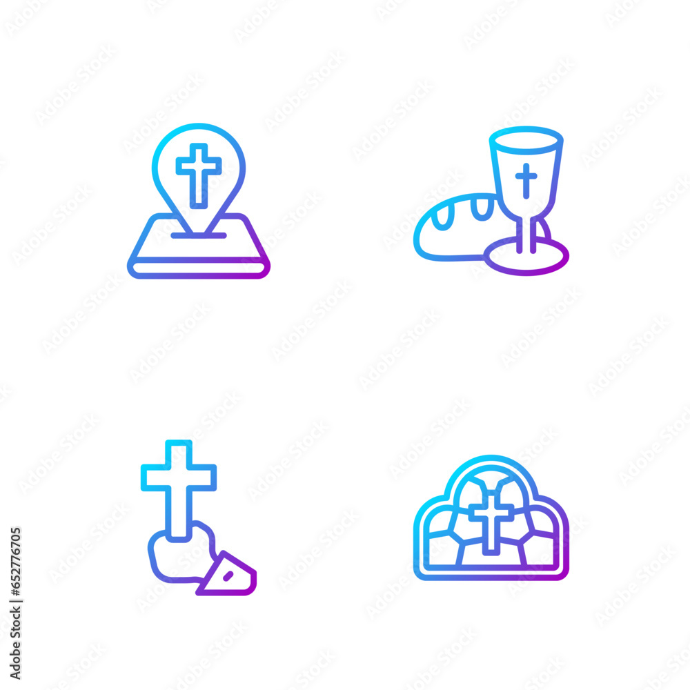Set line Stained glass, Christian cross, Location church building and Goblet and bread. Gradient color icons. Vector Set line Stained glass, Christian cross, Location church building and Goblet and bread. Gradient color icons. Vector