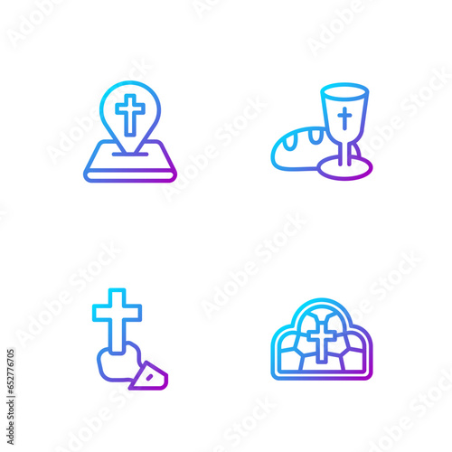 Set line Stained glass, Christian cross, Location church building and Goblet and bread. Gradient color icons. Vector