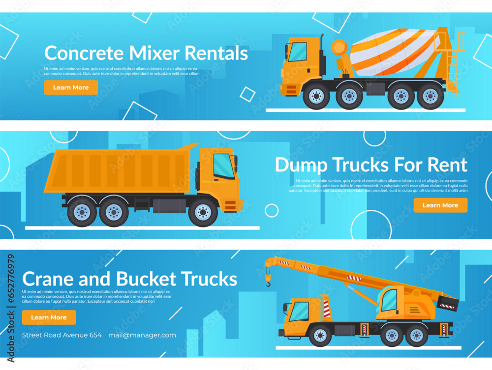 Dump truck concrete mixer crane bucket for rent landing page internet promo banner set vector flat