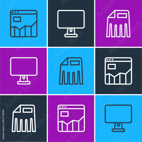 Set line Graph chart infographic, Paper shredder and Computer monitor icon. Vector