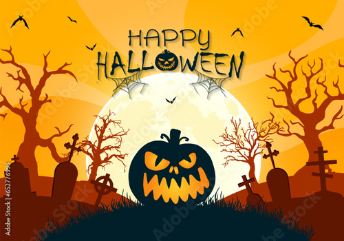 Orange Background of halloween with creepy tree and scary pumpkins against a full moon