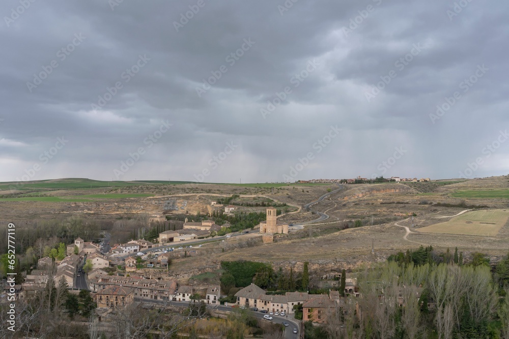 Aerial view of stone buildings in the rural town North of Segovia