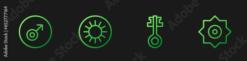 Set line Old magic key, Mars symbol, Sun and Falling star. Gradient color icons. Vector