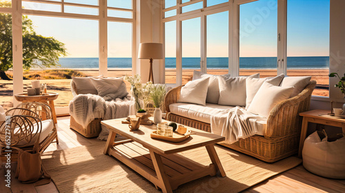 Beach-themed living room with wicker furniture and seashell decor.