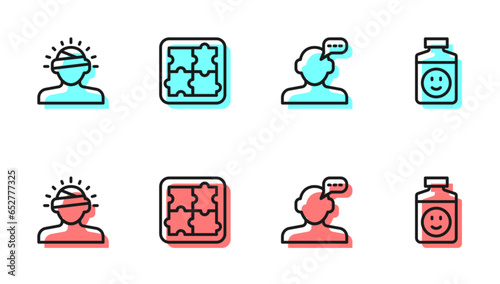 Set line Online psychological counseling, Concussion, headache, Solution problem psychology and Antidepressants icon. Vector