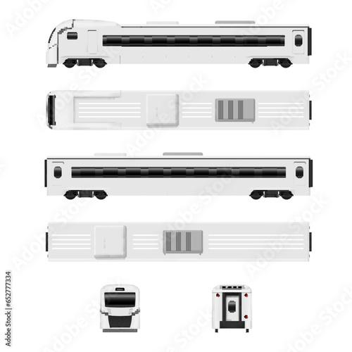 White modern passenger speed train wagon locomotive set different view realistic vector illustration