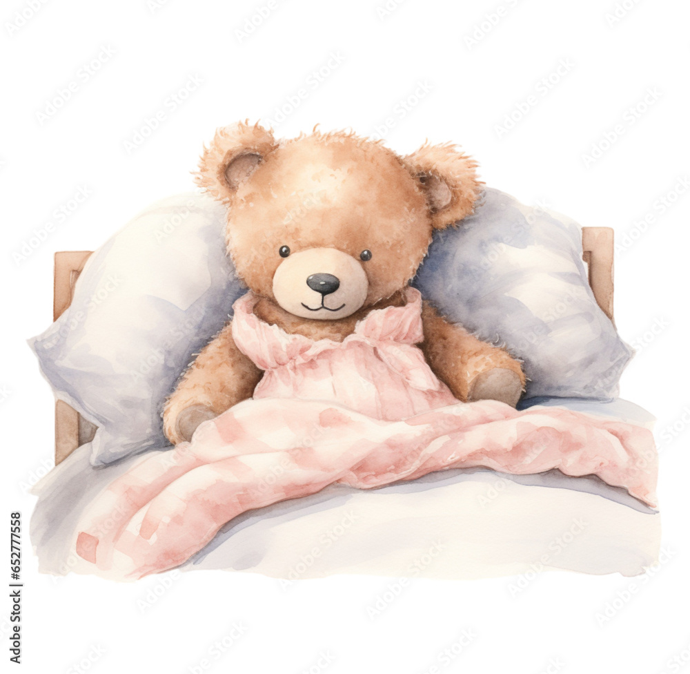 Watercolor illustration, Cute bear lies in bed. Generative AI, png