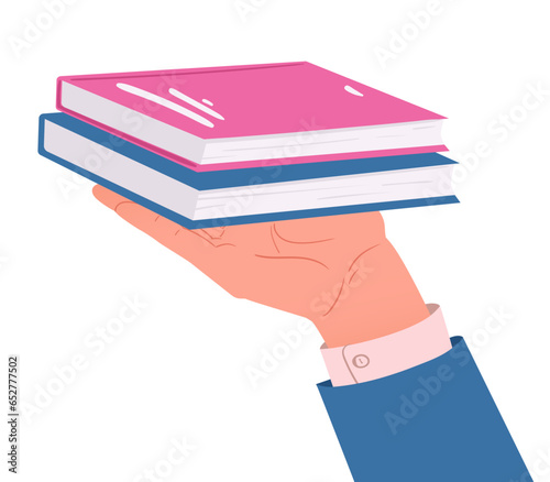 Cartoon hand holding book stuck. Hand holding books, reading, studying and literature loving concept flat vector illustration. Paper books in human hand