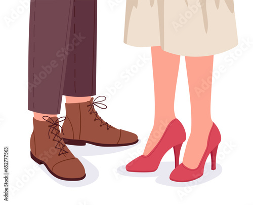 Man and woman legs. Romantic couple standing next to each other, happy dating couple walking in casual fashionable clothes flat vector illustration