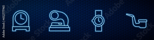 Set line Wrist watch, Antique clock, Old gramophone and Smoking pipe. Glowing neon icon on brick wall. Vector