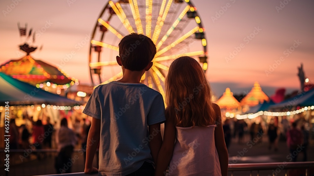Two children, hands intertwined, stand in awe, gazing at the enchantment of a carnival. Behind them, a brilliantly Ferris wheel pierces the twilight, surrounded by candyfloss-like clouds
